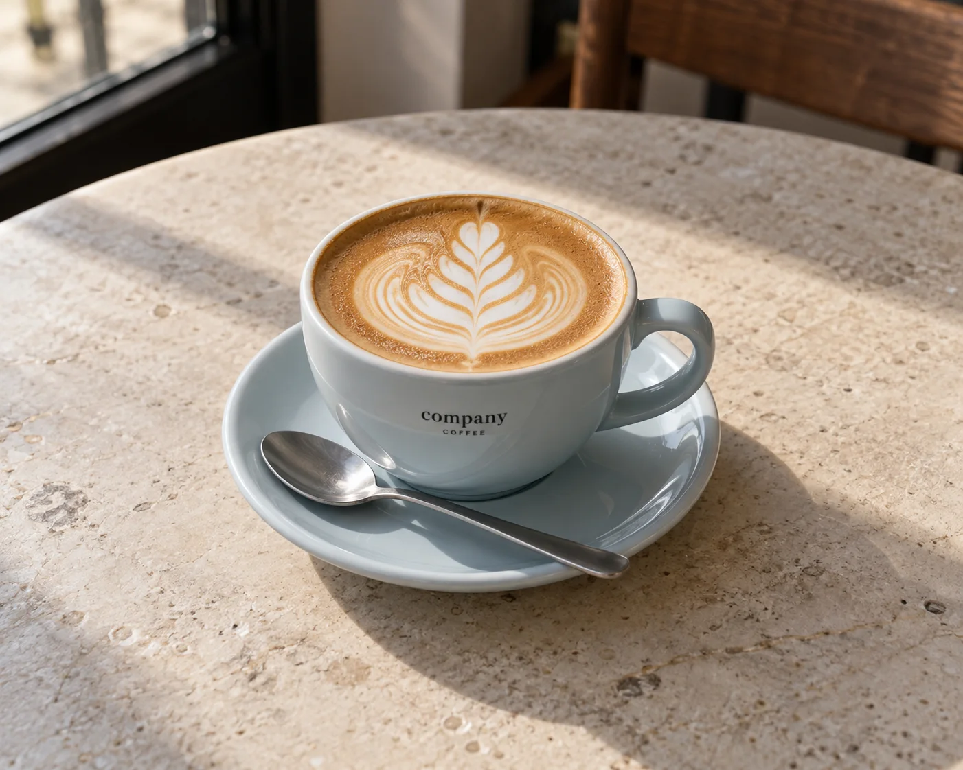 A powder-blue flat white cup with delicate latte art on pale stone in natural window light