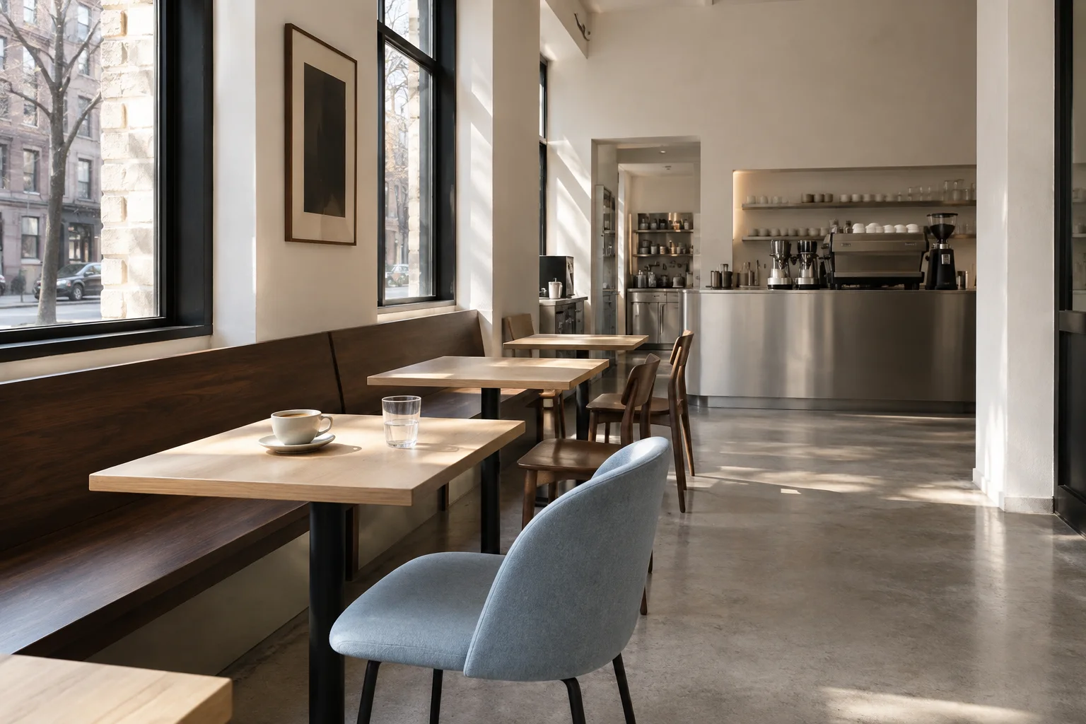 An interior concept with white walls, black window frames, timber furniture, and a powder-blue chair